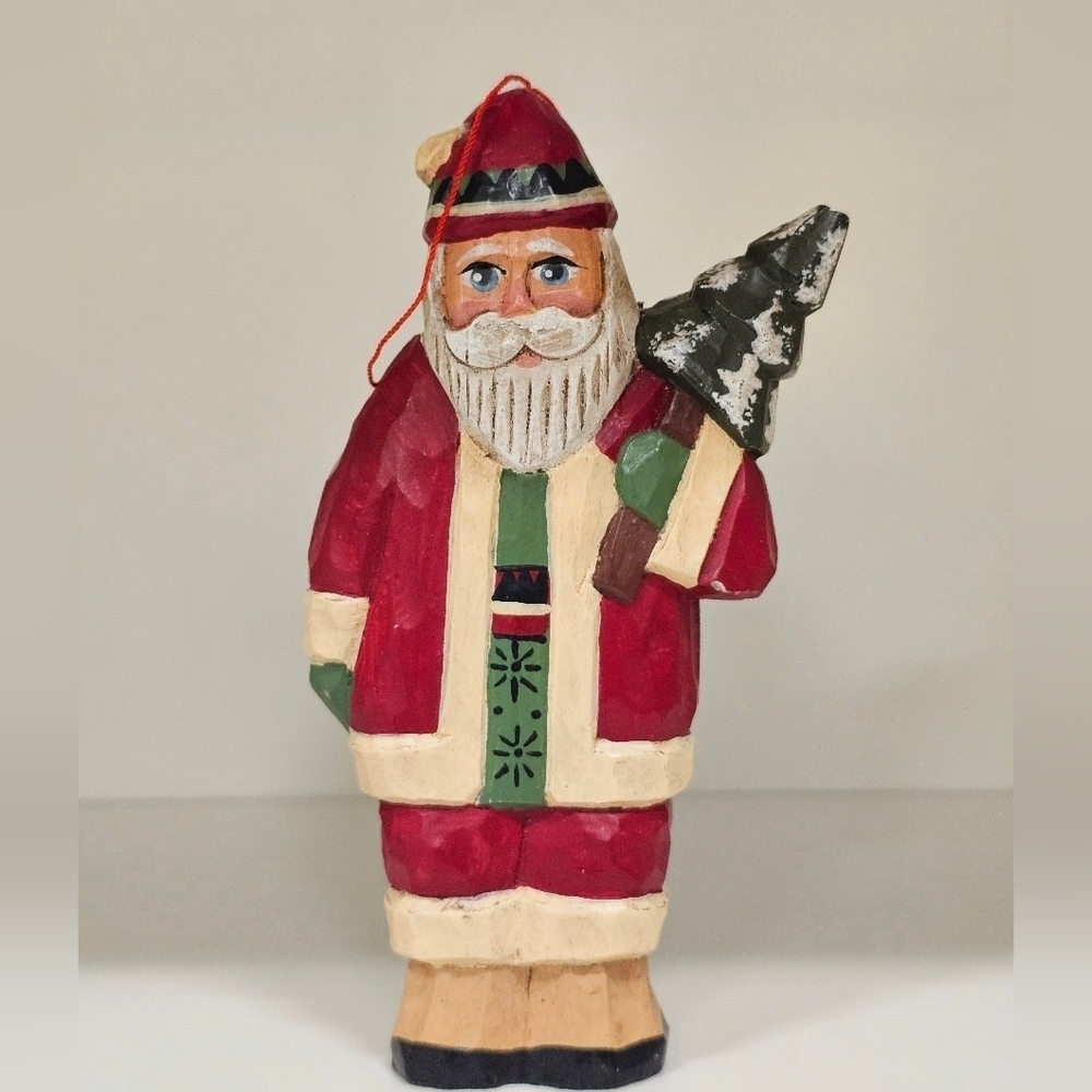 Vintage Randy Tate Handcrafted Wooden Santa Claus with Christmas Tree